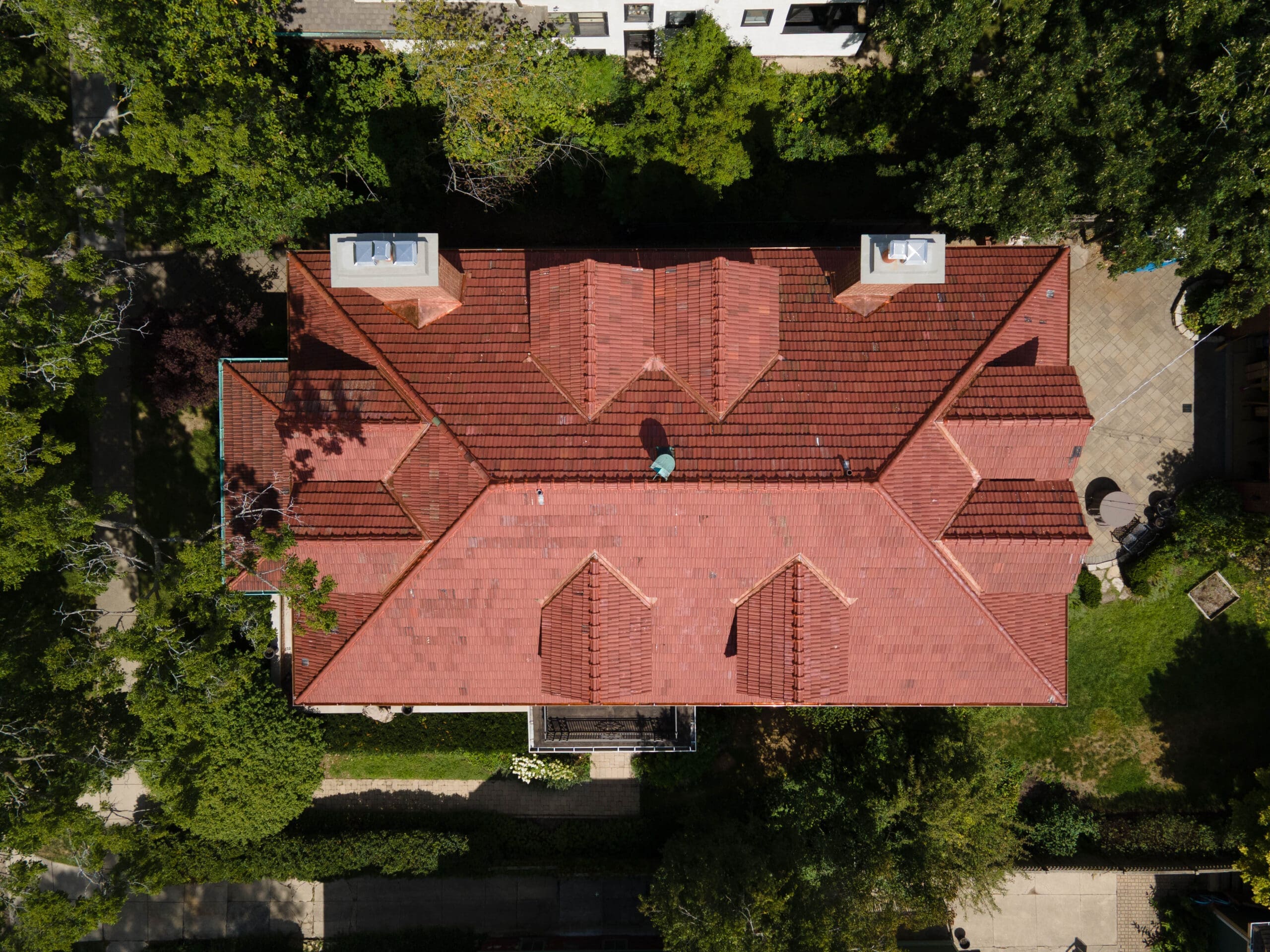 birds eye of Evanston home after clay tile roof restoration by Wolf Development