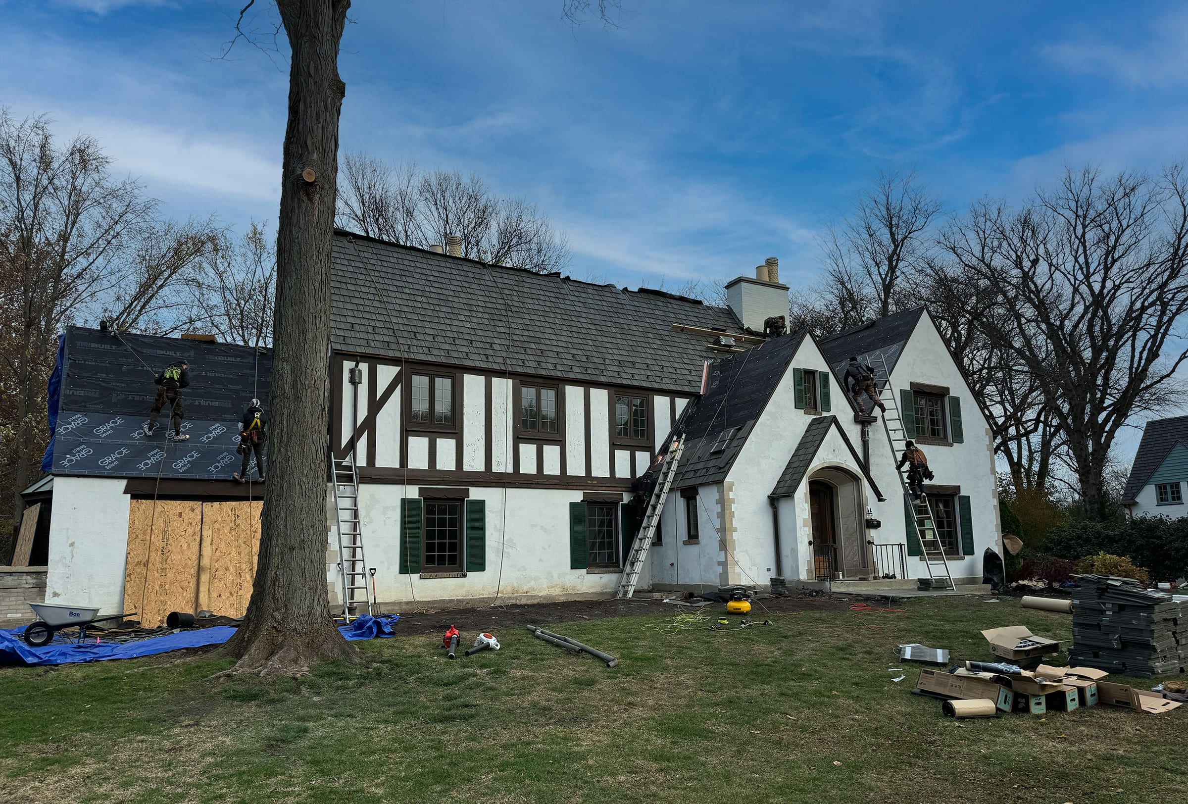 synthetic shake gutter replacement with copper gutters in winnetka by wolf development