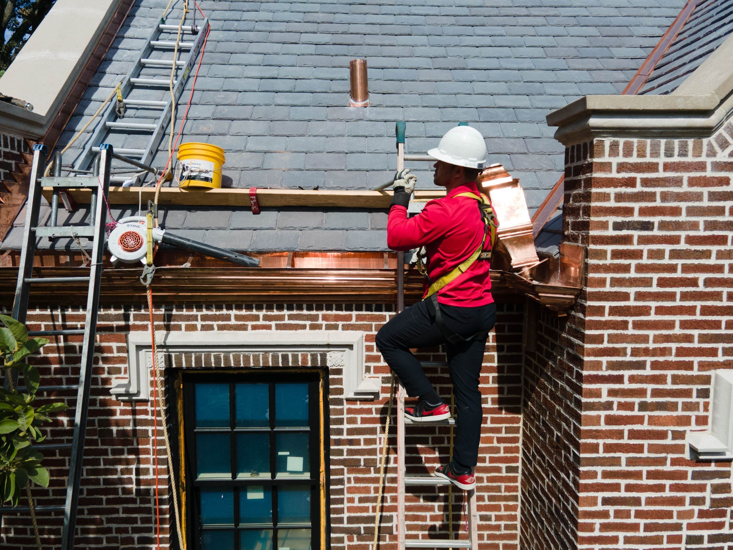 New copper downspouts and drainage system on Kenilworth home near Lake Michigan in north shore chicago