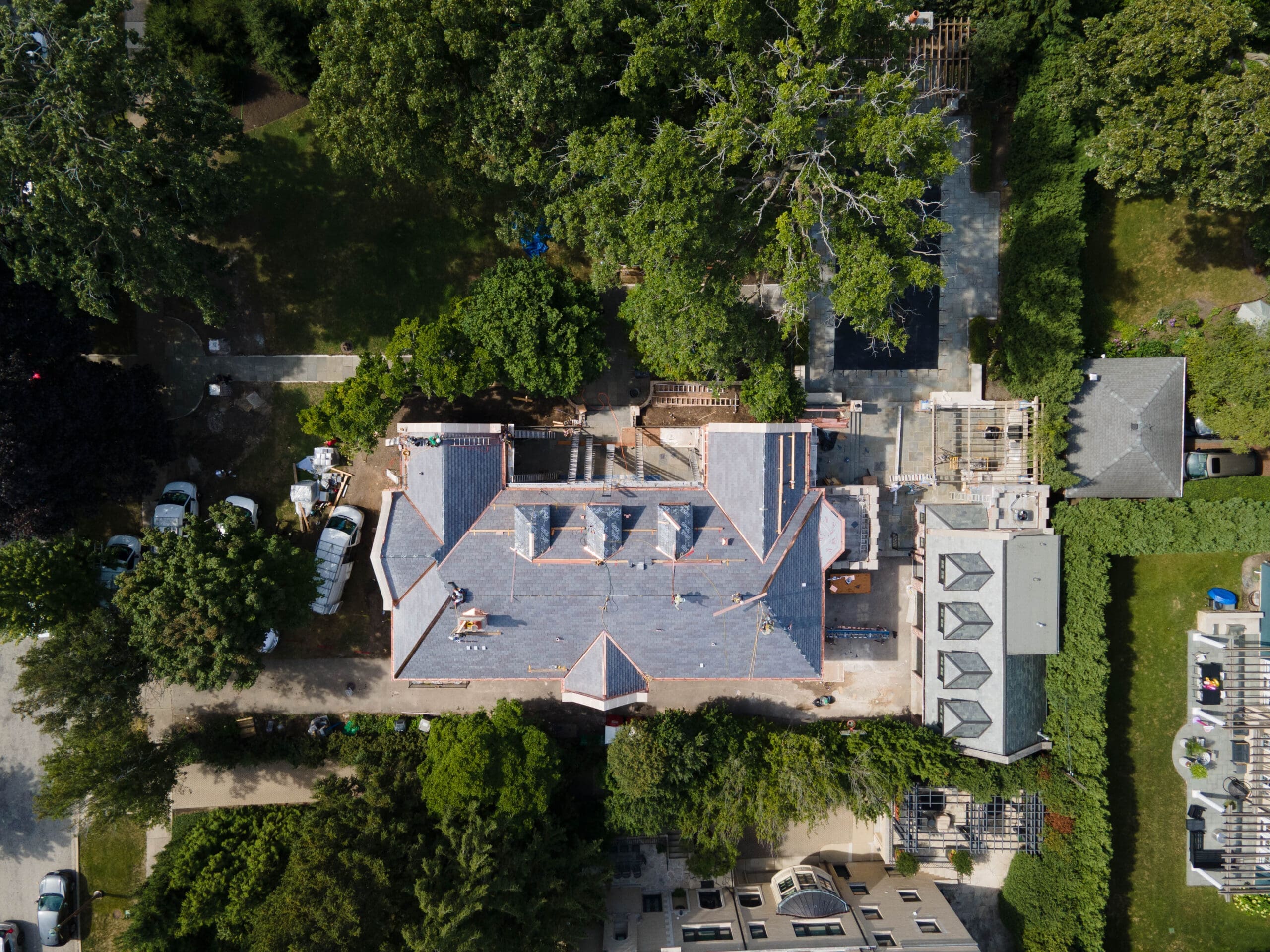 Aerial view of natural slate roofing system on Kenilworth North Shore lakefront home